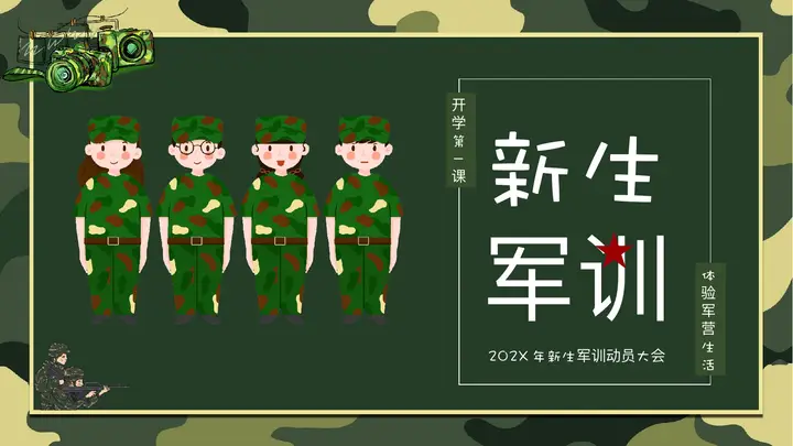绿色迷彩卡通背景的新生军训动员大会PPT模板预览图