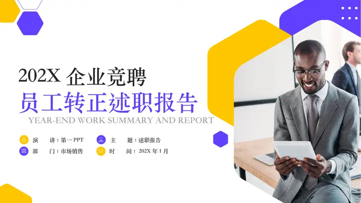蓝黄商务人士背景的员工转正述职报告PPT模板预览图