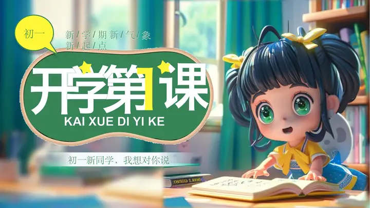 绿色立体卡通女孩背景的开学第一课PPT模板预览图